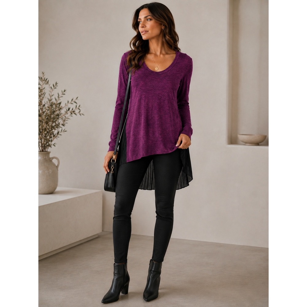Berry Purple Mixed Media Pleated Chiffon Hem Long Sleeve‎ Knit Top Sweater